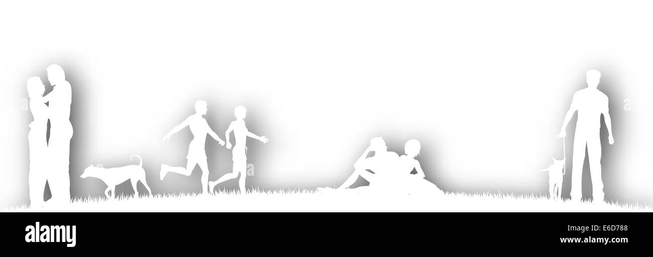 Editable vector cutout of people in a parks with background shadow made using a gradient mesh Stock Vector