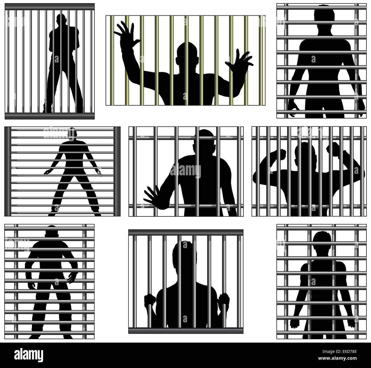 Set of editable vector designs of men behind prison bars Stock Vector