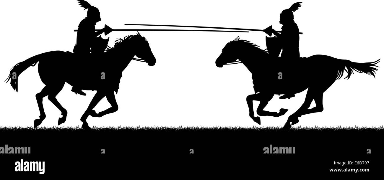 Editable vector silhouettes of two knights on horses jousting with all figures as separate objects Stock Vector