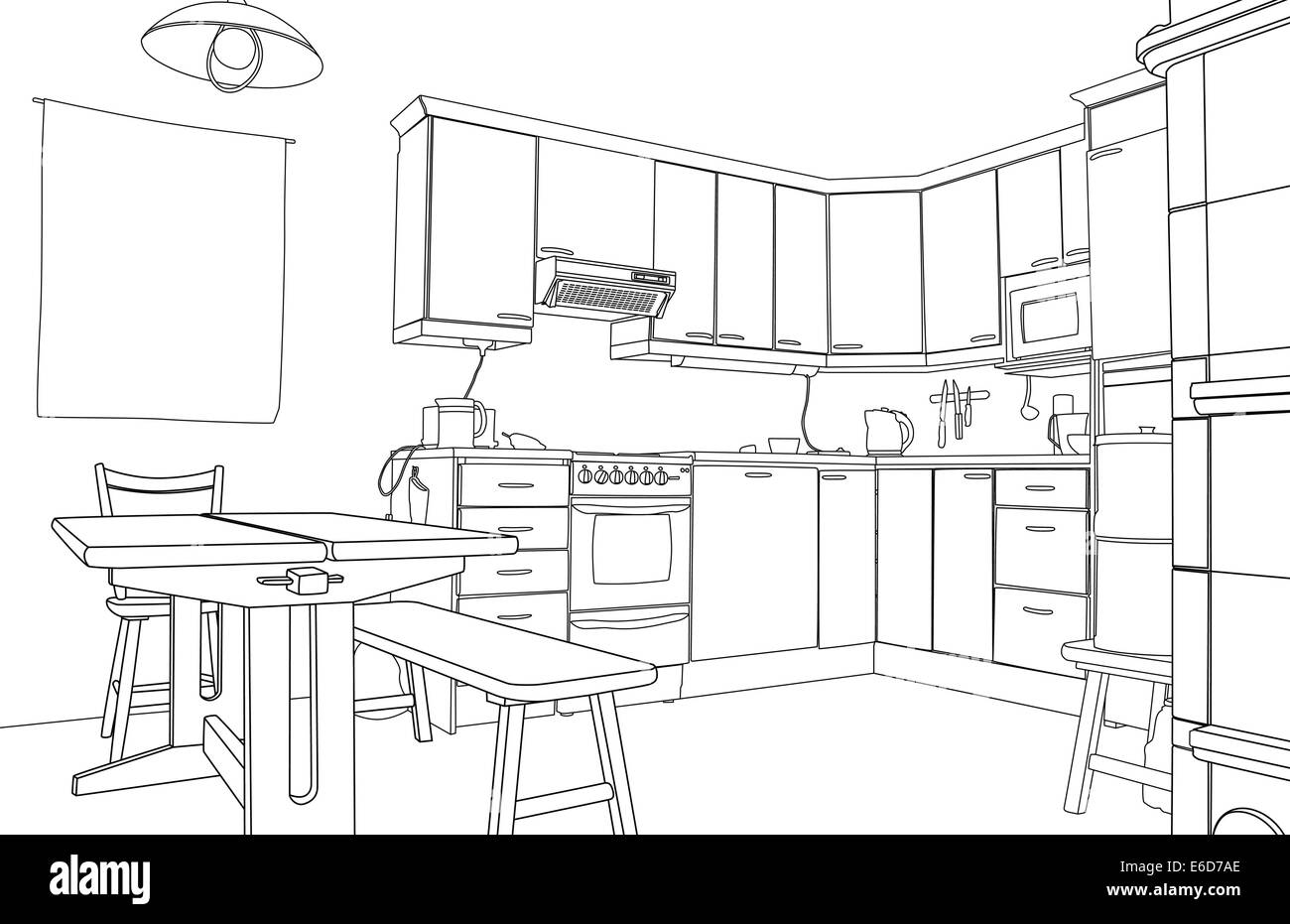 Editable vector illustration of an outline sketch of a kitchen interior Stock Vector