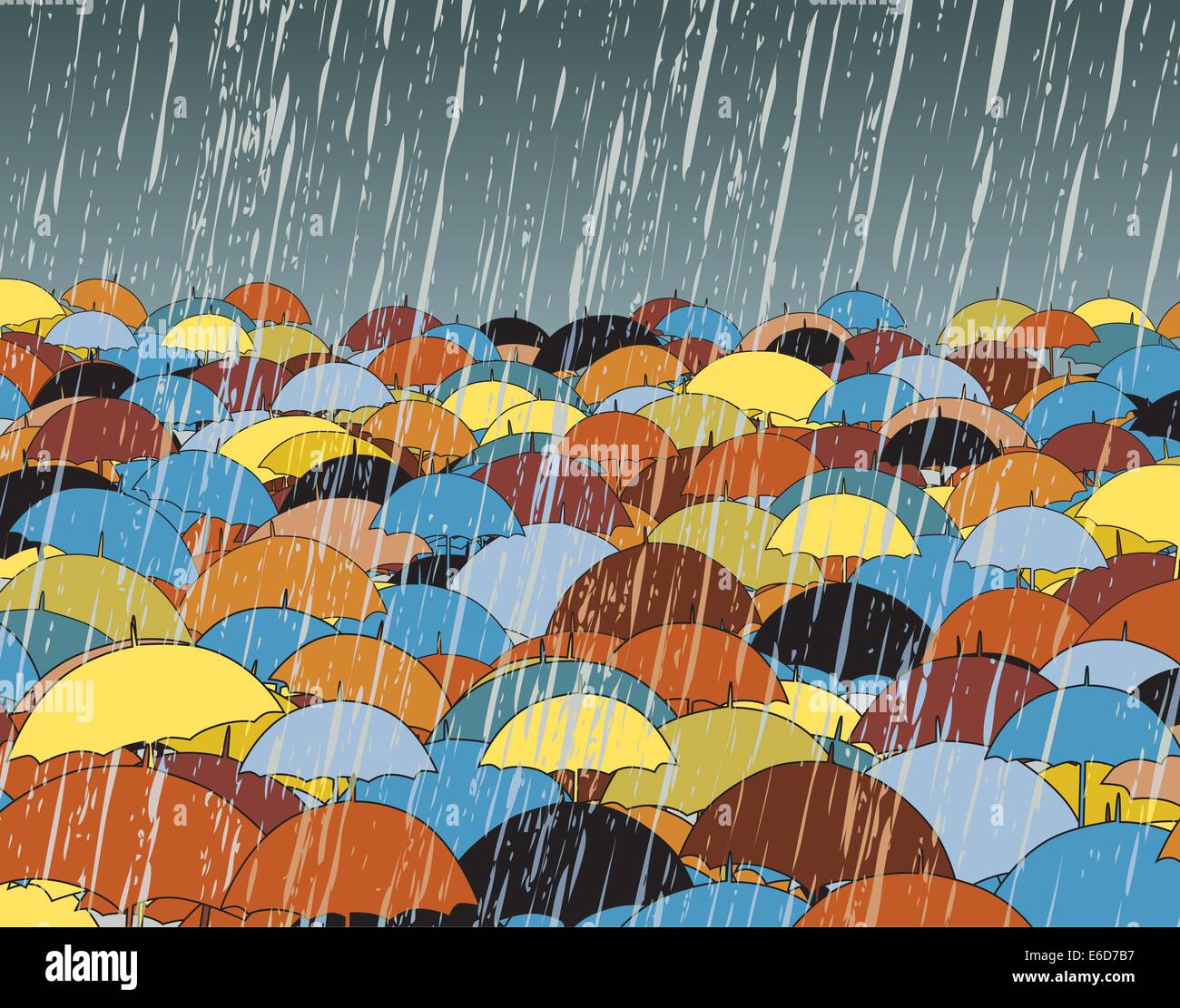 Editable vector illustration of colorful umbrellas in rain Stock Vector
