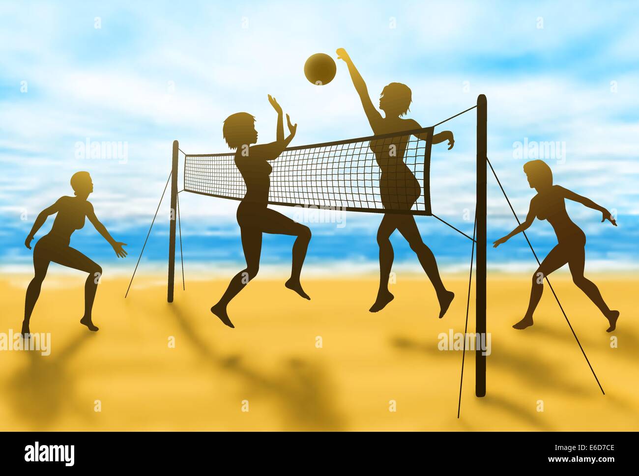 Editable vector silhouettes of women playing beach volleyball with background made using a gradient mesh Stock Vector