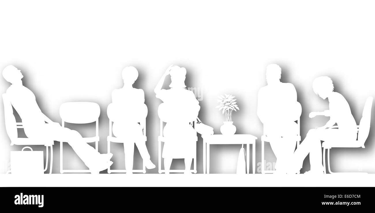 Editable vector cutout silhouettes of people sitting in a waiting room with background shadow made using a gradient mesh Stock Vector