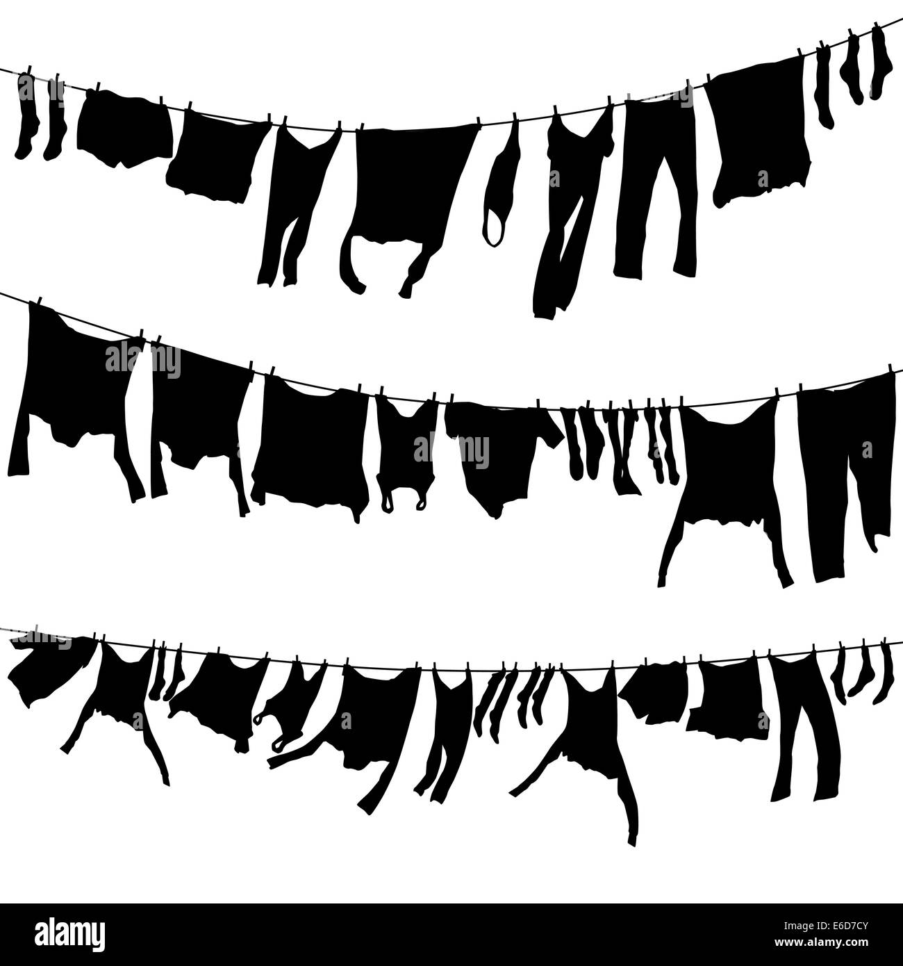 Set of editable vector washing lines with drying clothes; all individual clothes are separate objects Stock Vector