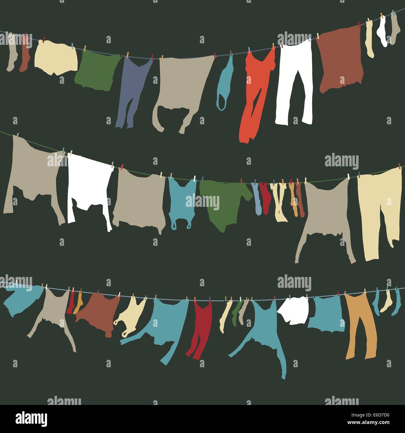 Set of editable vector washing lines with colorful drying clothes Stock Vector