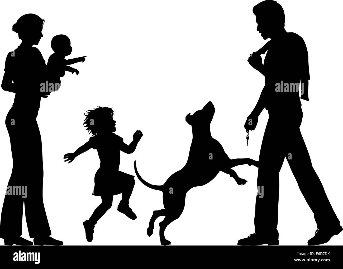 Editable vector silhouettes of a man welcomed home by wife, children and dog with all figures as separate objects Stock Vector
