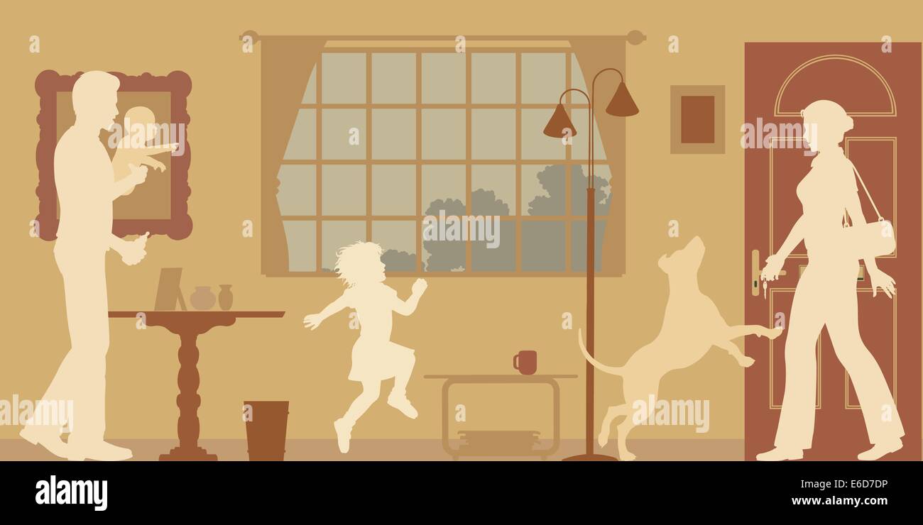 Editable vector silhouettes of a woman welcomed home by husband, children and dog Stock Vector