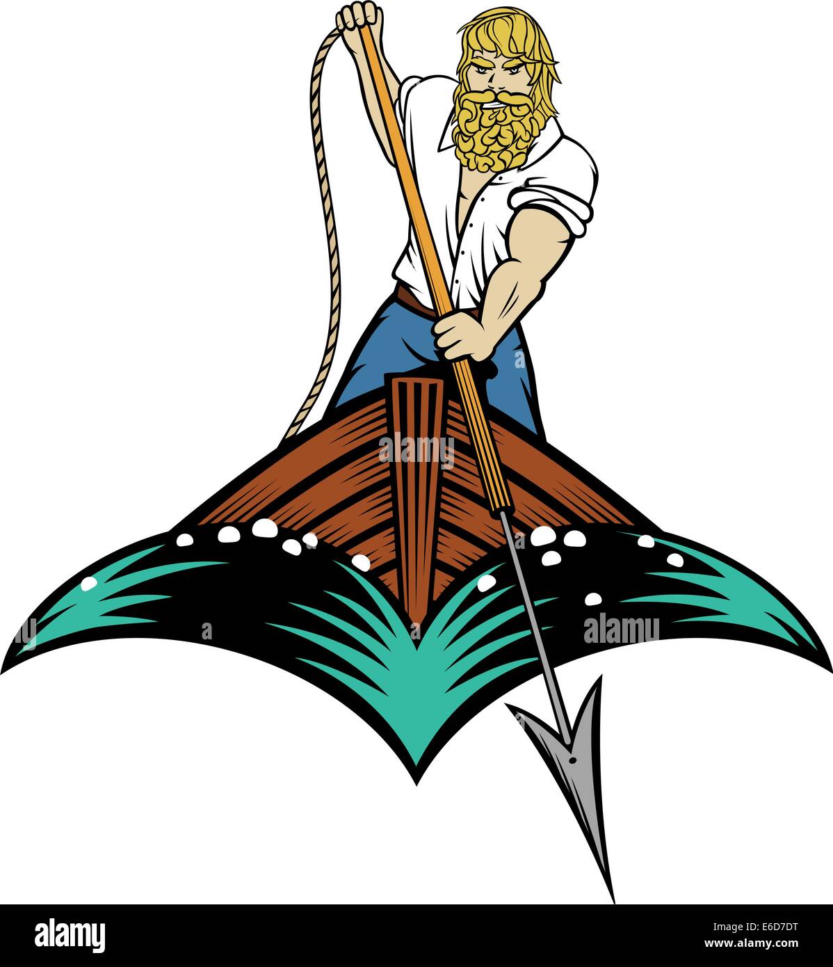 Editable vector illustration of a man about to throw a harpoon from a boat in woodcut style Stock Vector