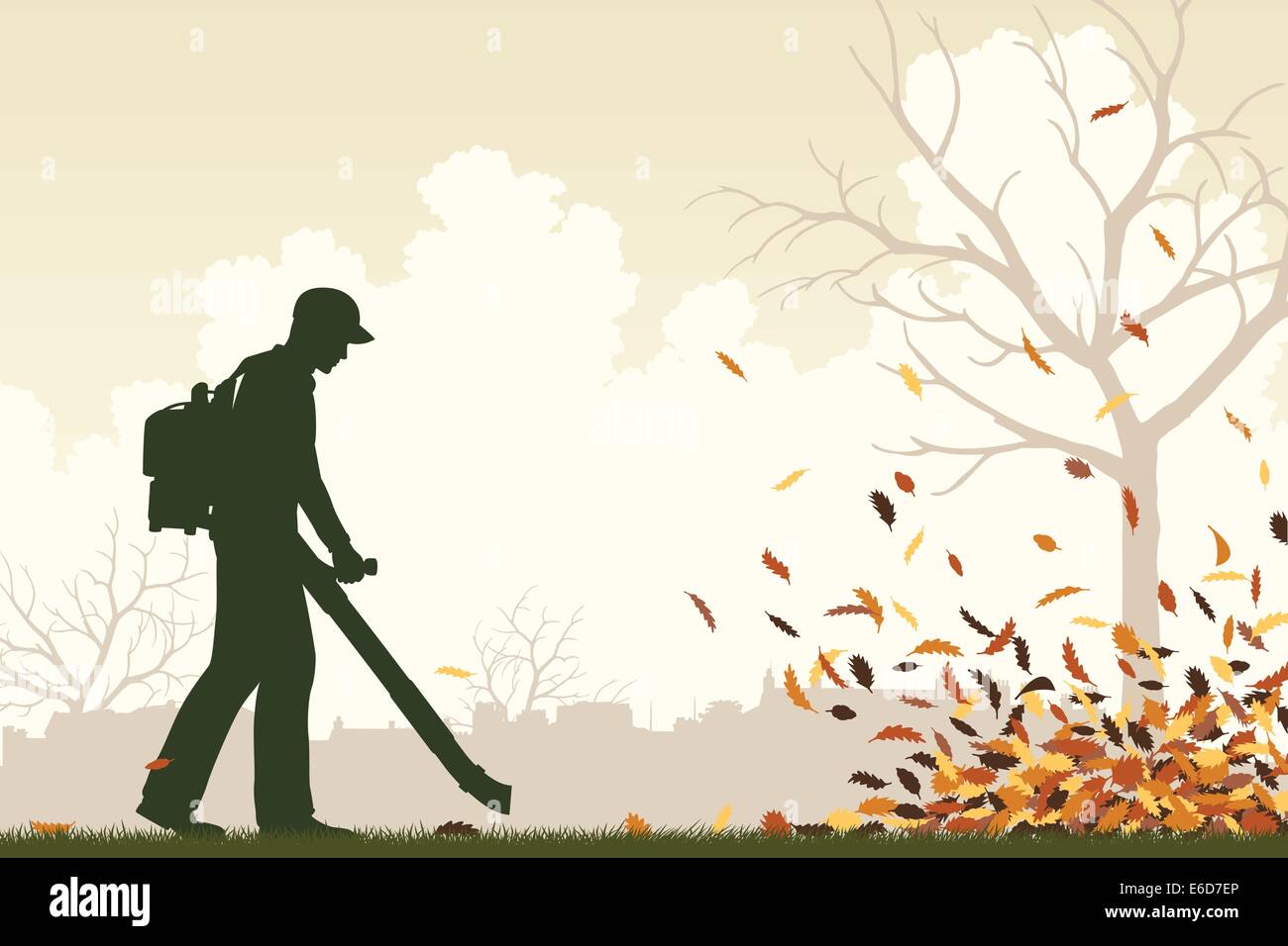 Editable vector illustration of a man using a leaf-blower to clear leaves Stock Vector