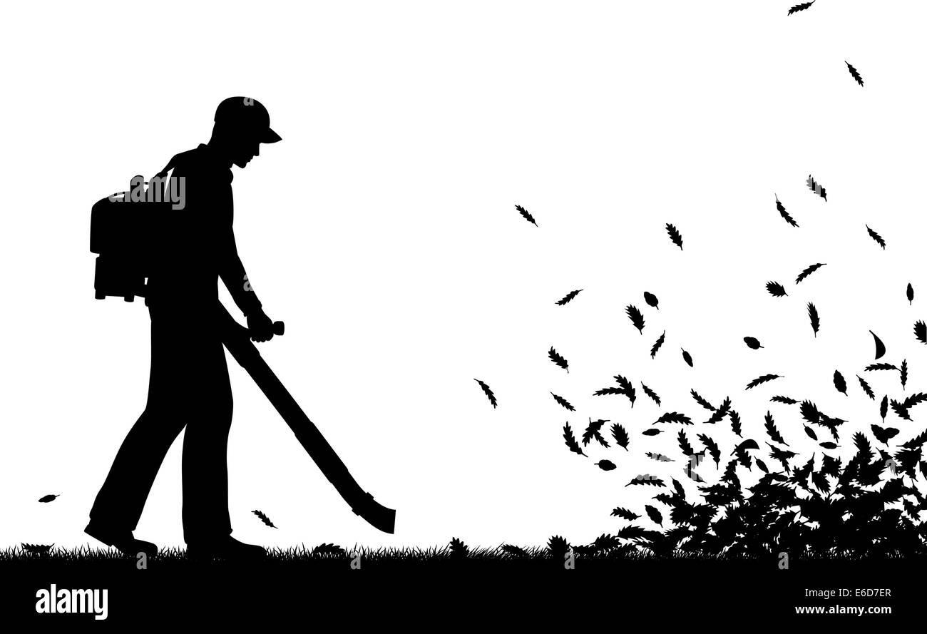 Editable vector silhouette of a man using a leaf-blower to clear leaves with all elements as separate objects Stock Vector