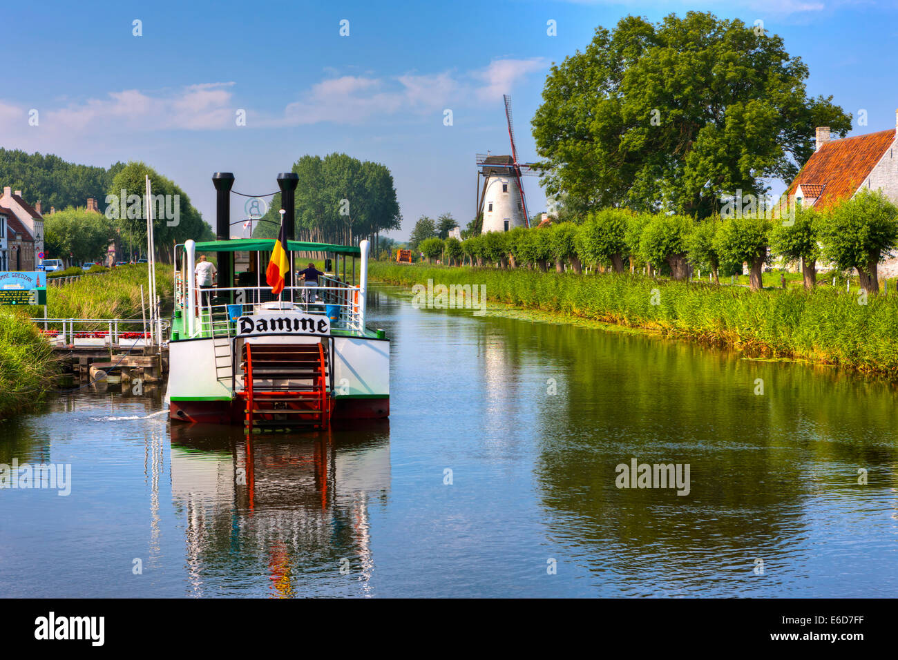 Belgium, Flanders, West Flanders, Bruges, canal at Damme with old boat Stock Photo
