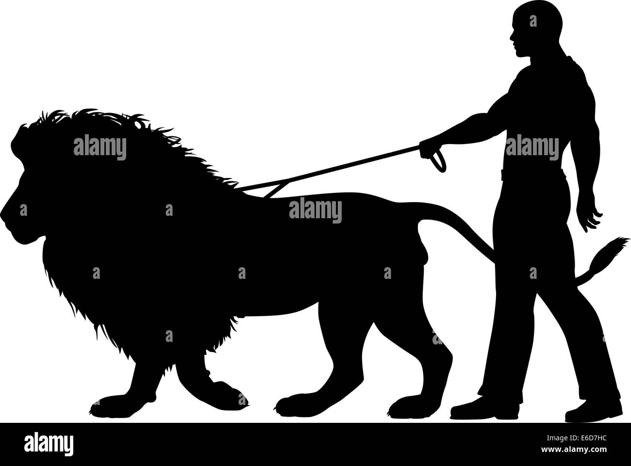 Editable vector silhouette of a man walking a lion on a leash Stock Vector