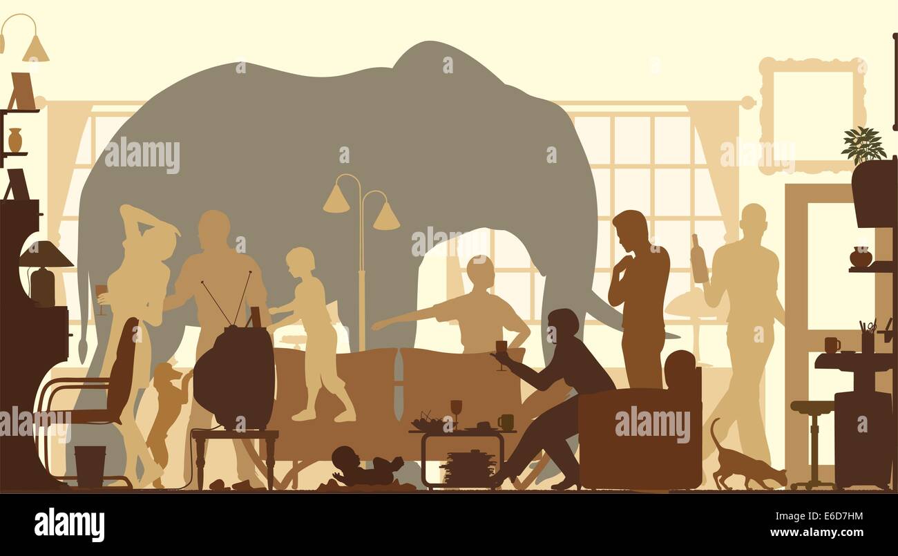 Editable vector silhouettes of an elephant standing in a living room during a family gathering Stock Vector