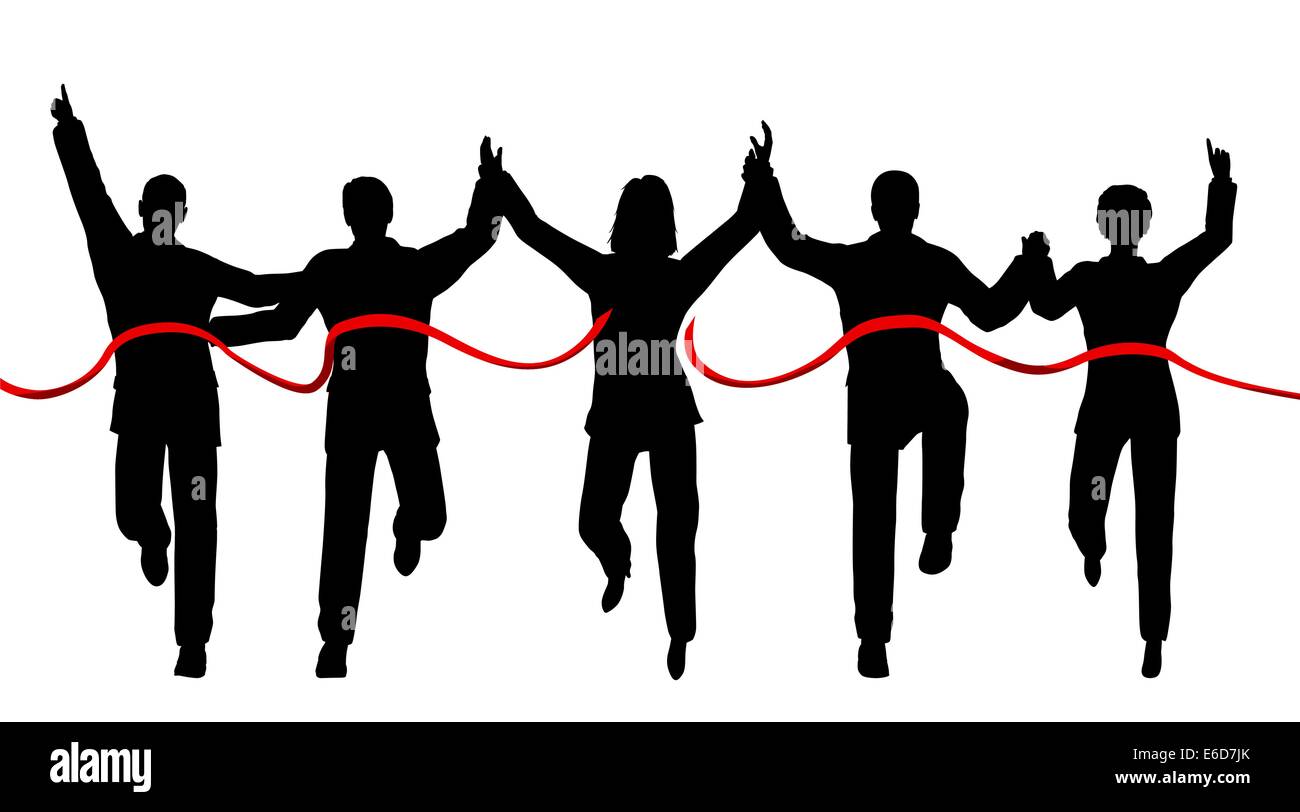Silhouettes of a business team crossing a finishing line with each person as a separate object Stock Vector