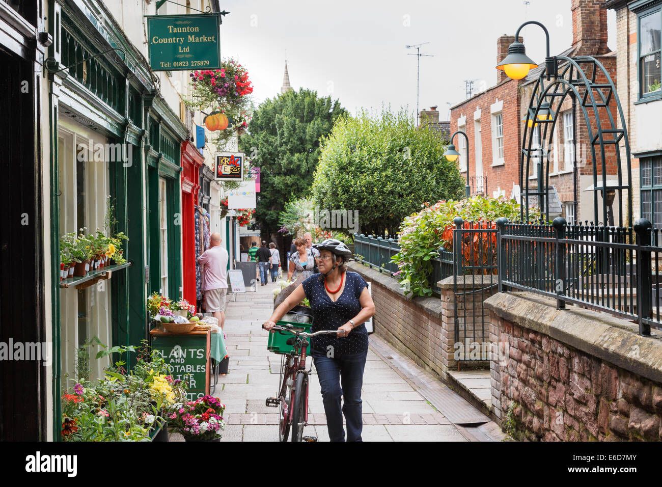 Mature woman pushing her bicycle past shops in Taunton. Stock Photo