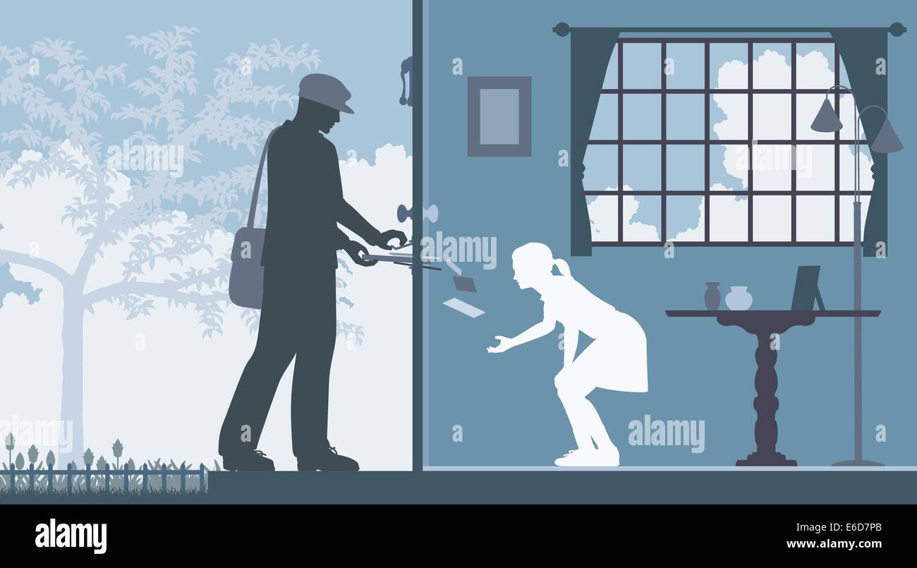 Editable vector illustration of a mailman delivering letters to a house with a girl waiting inside Stock Vector