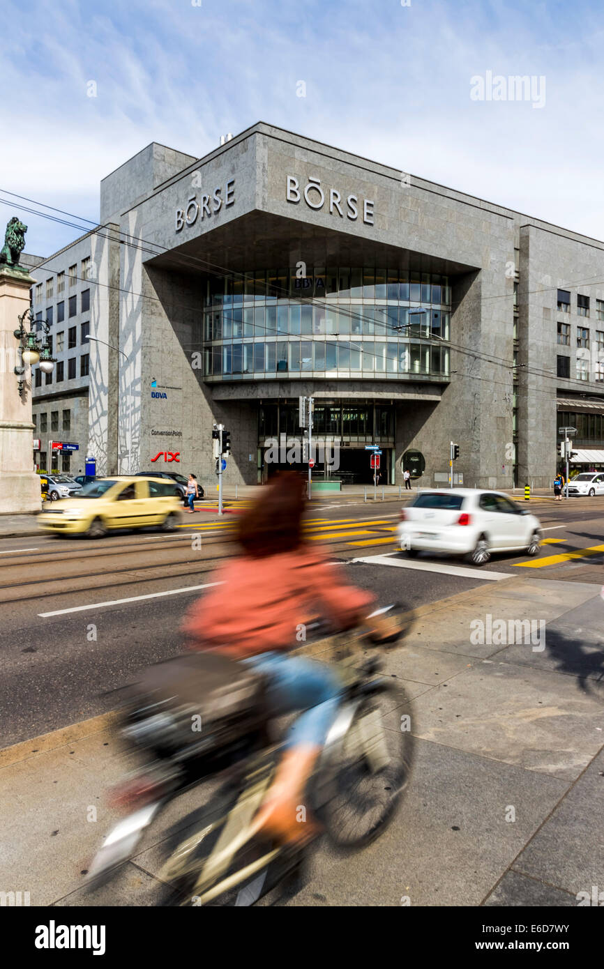 Switzerland, Zurich, view to building of New stock market with cyclist