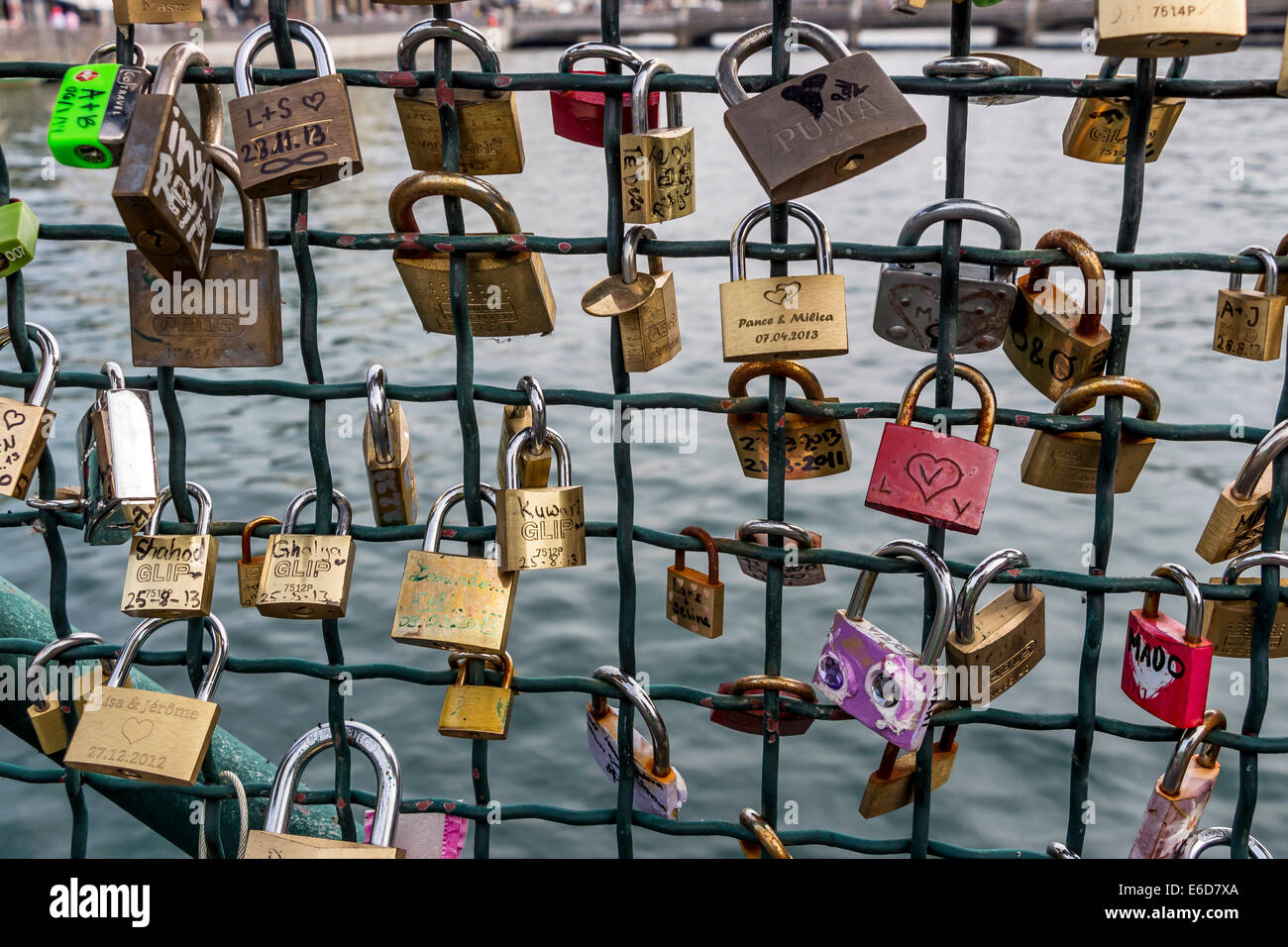 Switzerland, Zurich, fence of Muehlesteg with love locks Stock Photo