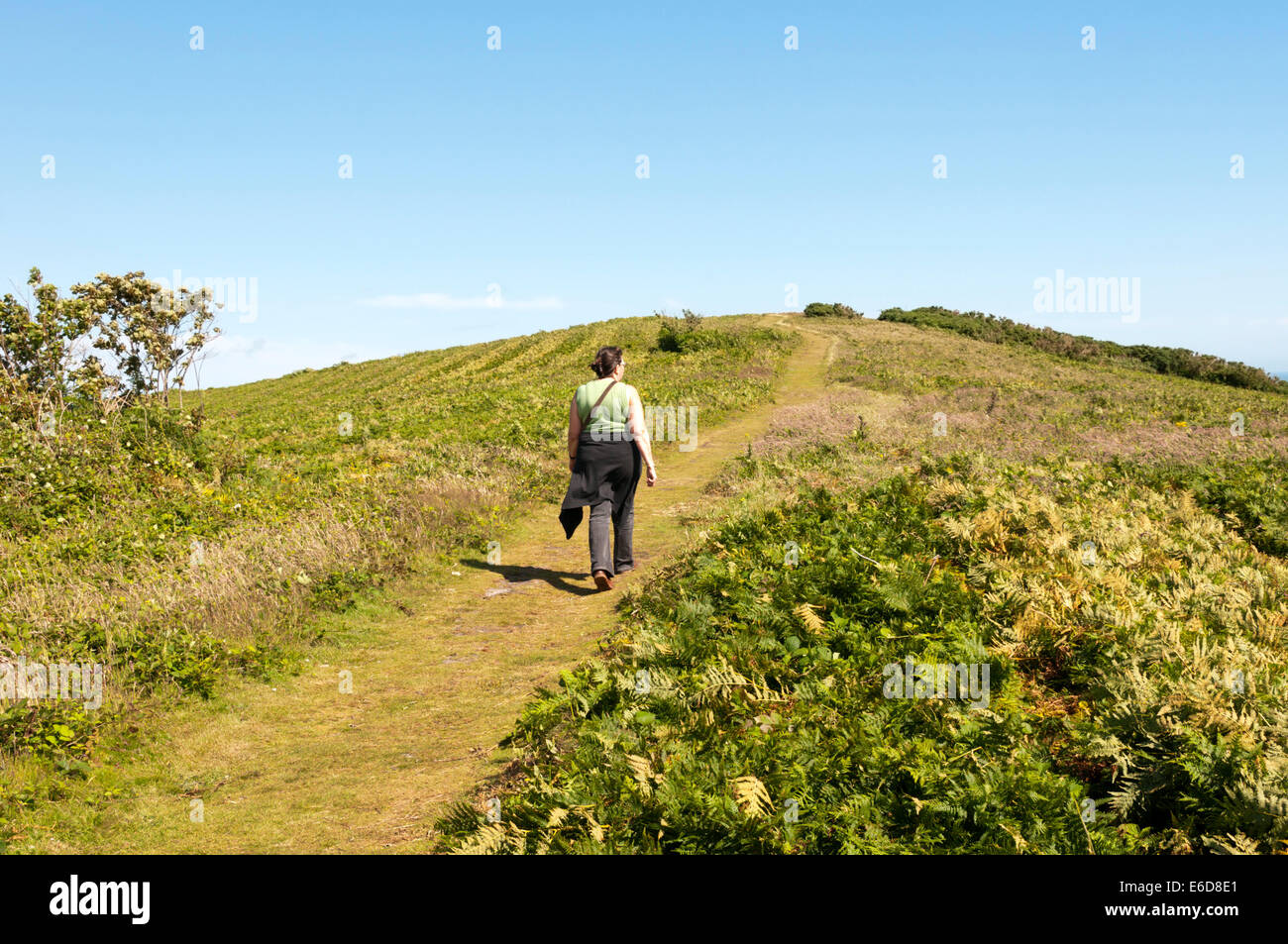 A woman walking up Castle Hill on Mottistone Common on the Isle of