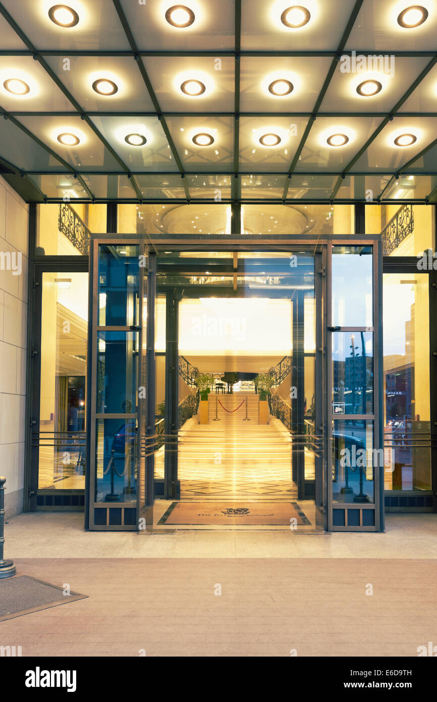 Germany, Berlin, lighted entrance of Ritz-Carlton Hotel at Potsdam Square Stock Photo