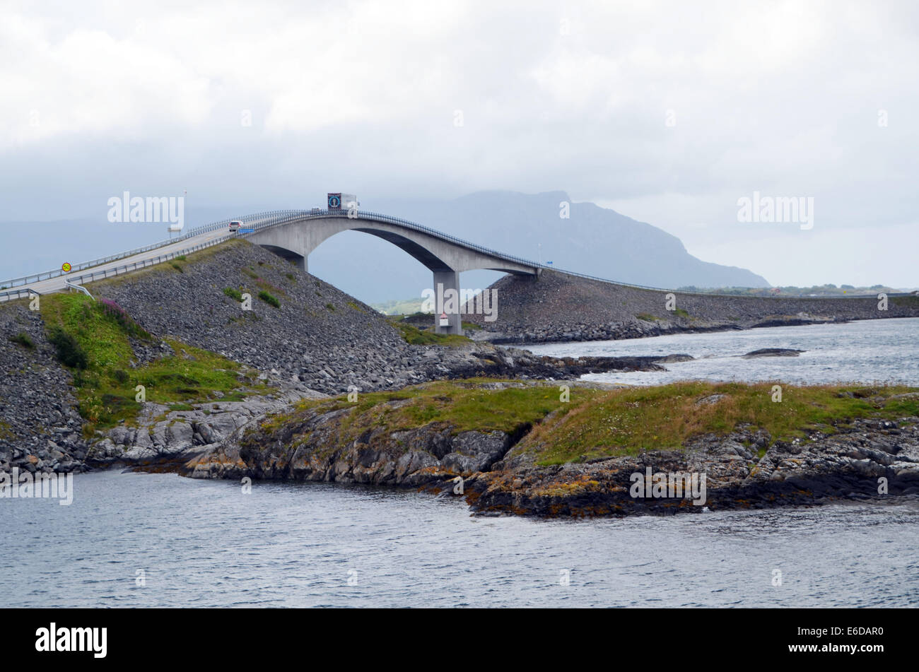 The 8.5 Km Atlantic Road near Kristiansund joins the many islands together to provide this length of unprotected road Stock Photo