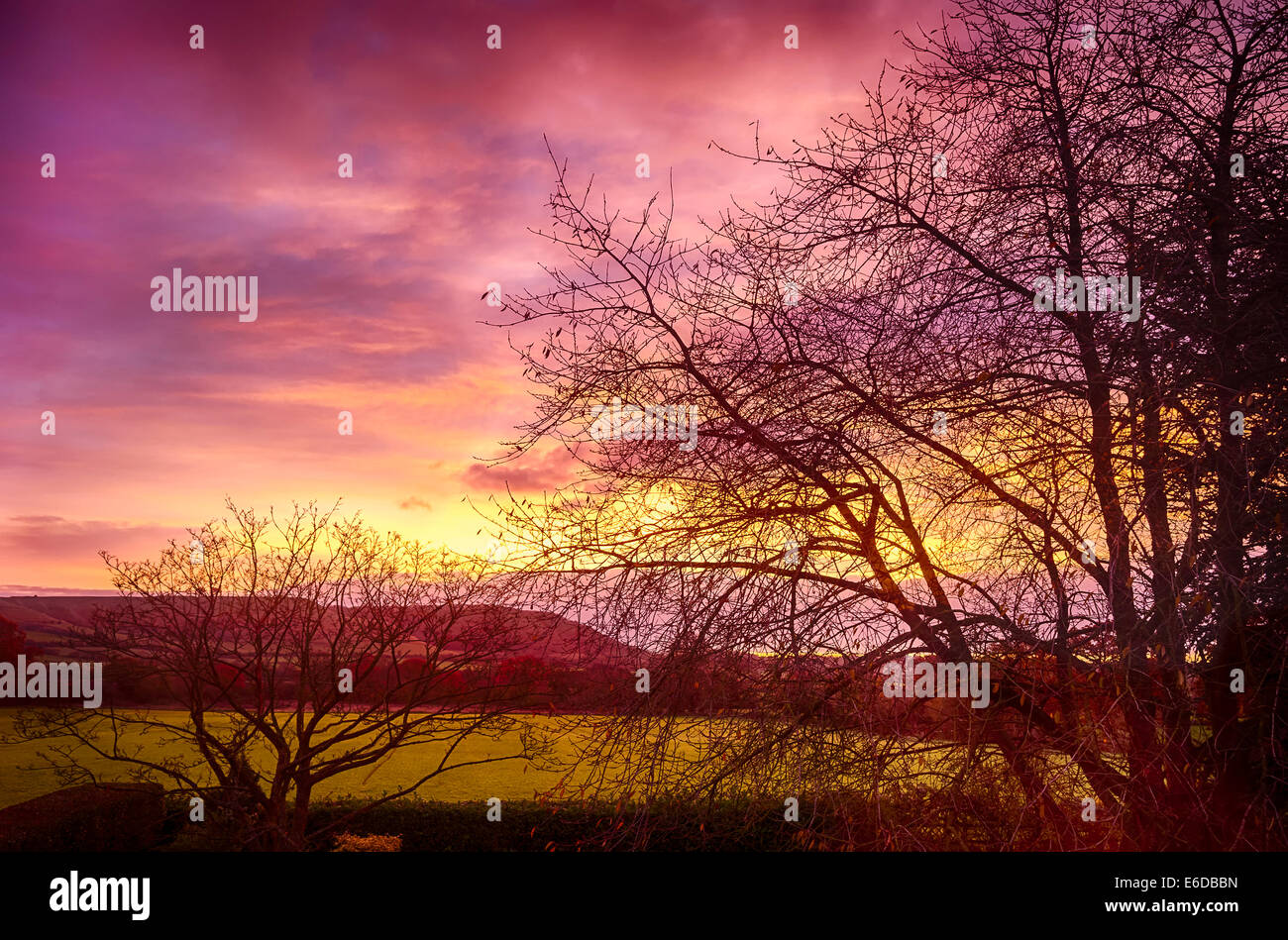 ARTISTIC representation of a dawn sky over Wiltshire UK [DELIBERATELY PROCESSED TO EMPHASIZE DRAMATIC COLOURS AT DAWN] Stock Photo