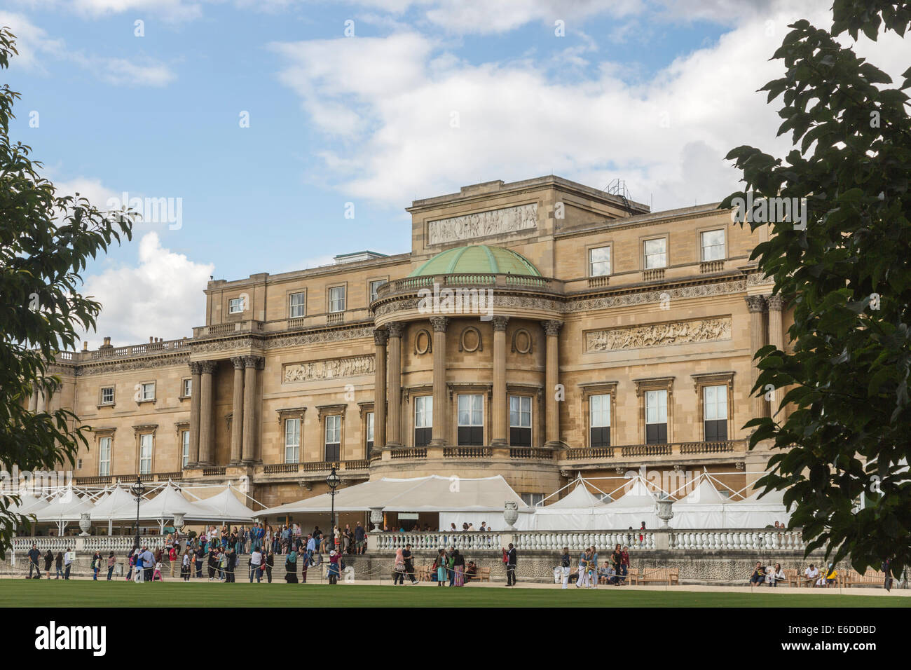 Rear facade of Buckingham Palace, London in summer with blue sky and