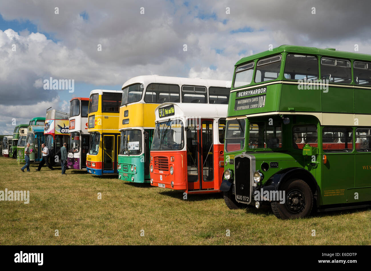 Row of old retired buses at an English show Stock Photo