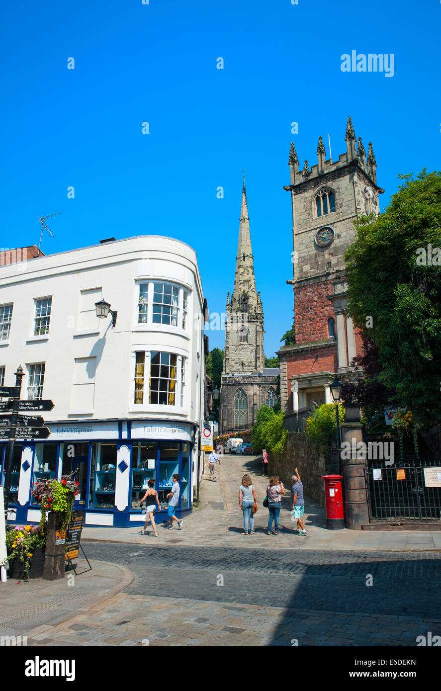 High Street in Shrewsbury, with St Julian's and St Alkmund's churches