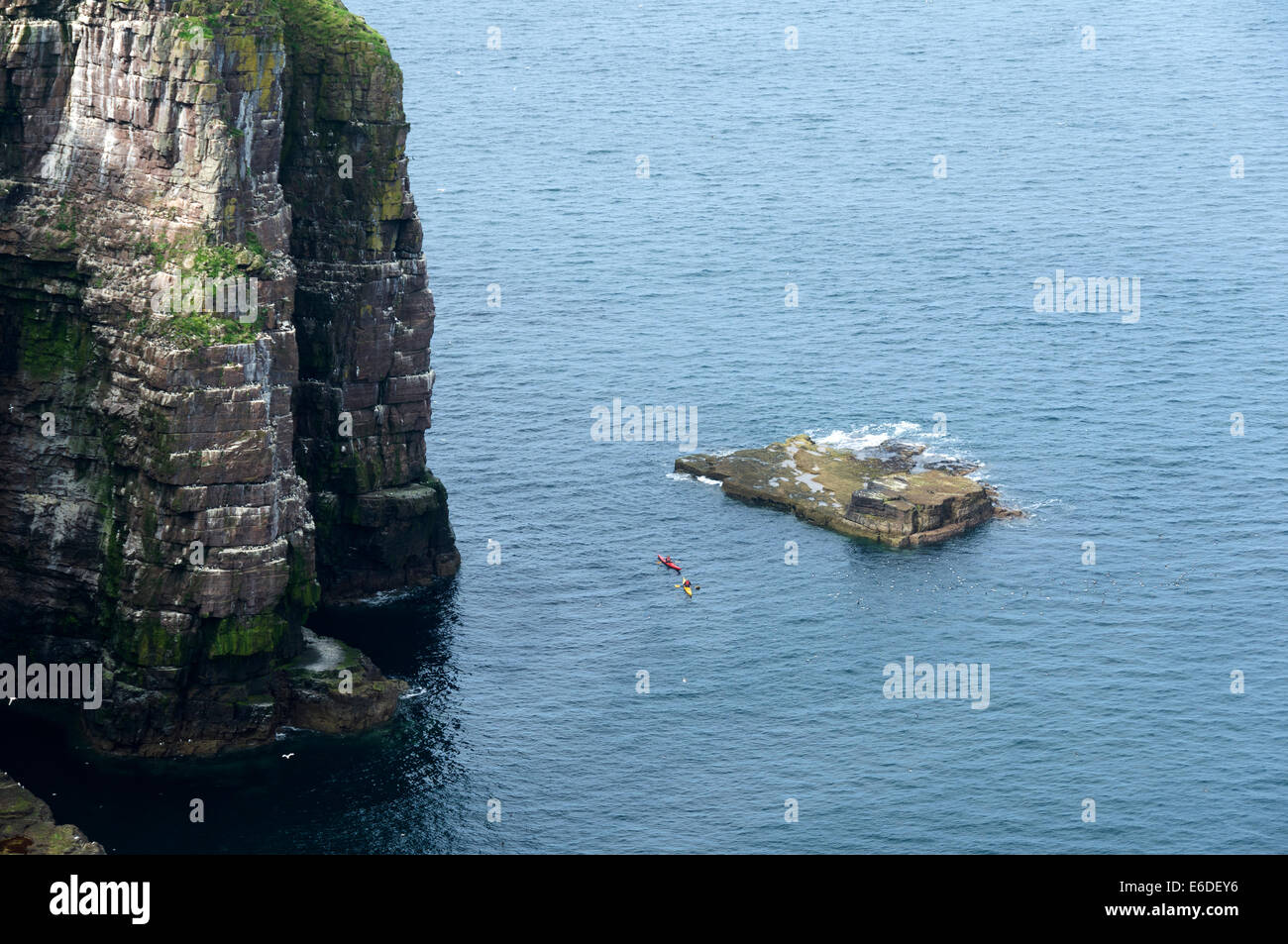 Kayakers below the cliffs on the west coast of Handa Island, Sutherland, Scotland, UK Stock Photo