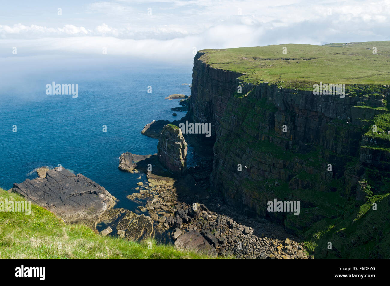 Sea stack and cliffs at Puffin Bay, Handa Island, Sutherland, Scotland, UK Stock Photo