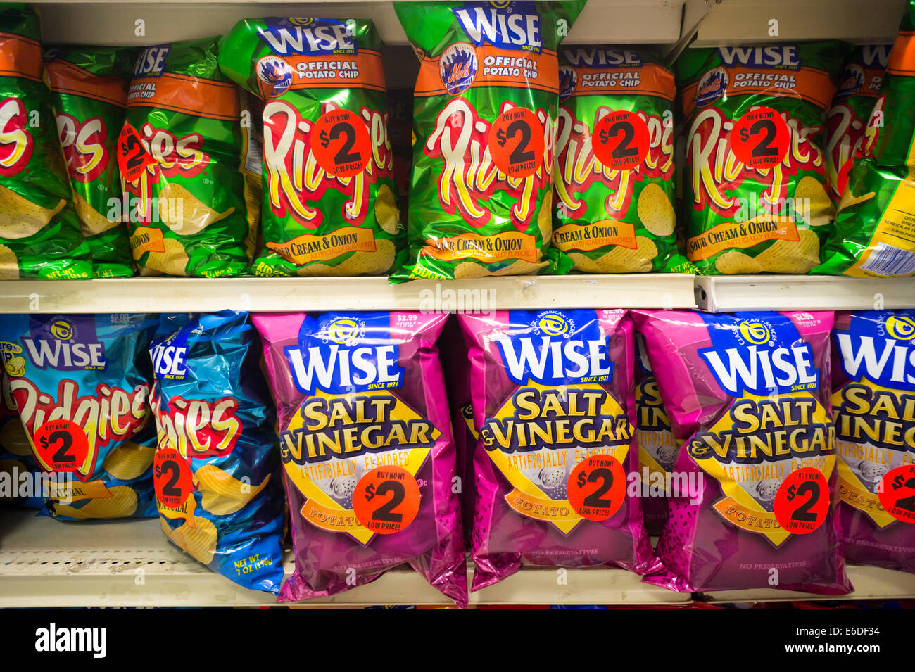 A display of tasty Wise potato chips in a supermarket in New York Stock