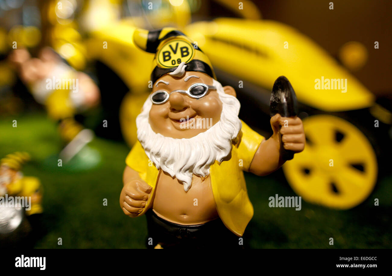 Dortmund, Germany. 21st Aug, 2014. A garden gnome in the colours of the BVB  is on display at the BVB-FanWelt in Dortmund, Germany, 21 August 2014.  Bundesliga soccer club Borussia Dortmund (BVB)