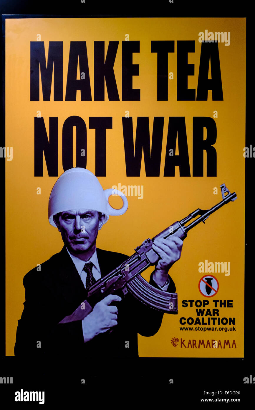 Make Tea Not War poster produced by 'Stop the War Coalition' in opposition to the invasion of Iraq in 2003. Stock Photo