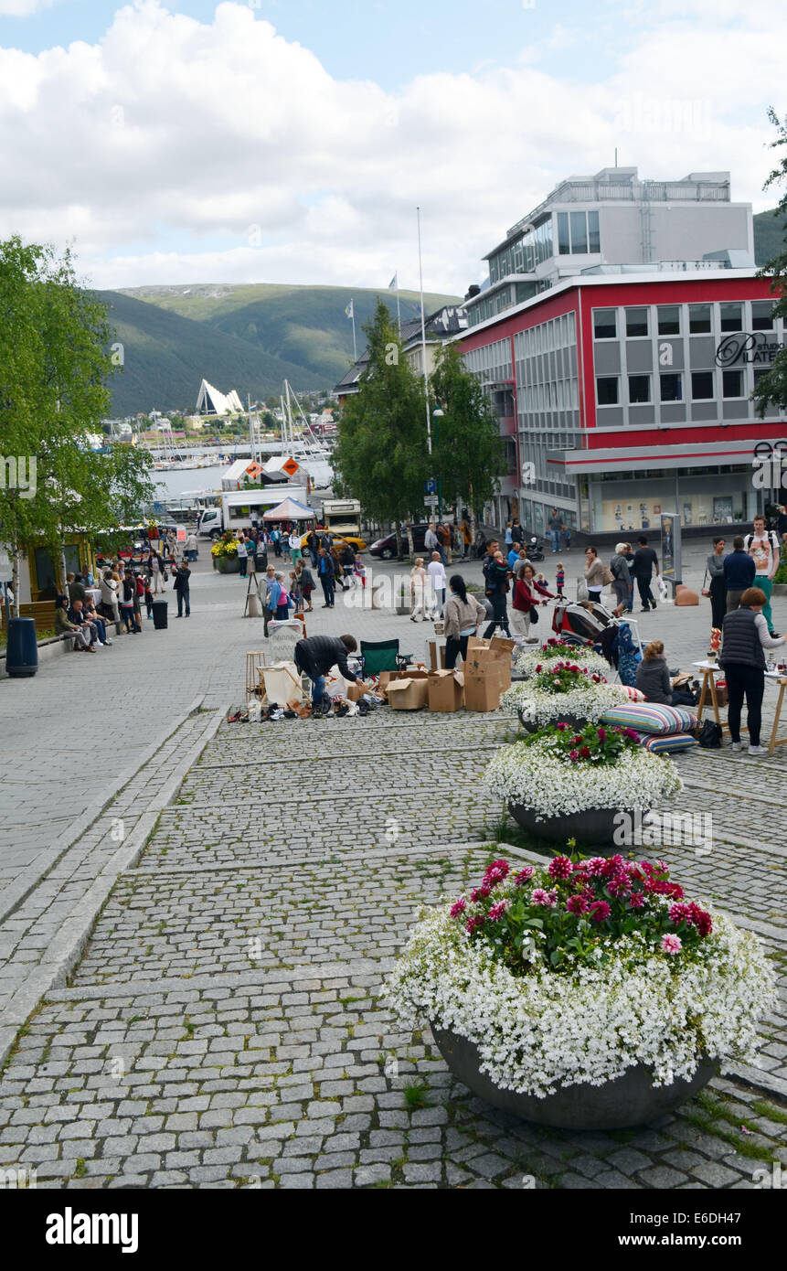 The town centre of Tromso,People shopping.Town popular for RoaldAmundsen, being most northerly ,ArcticCathedral,modern festivals Stock Photo