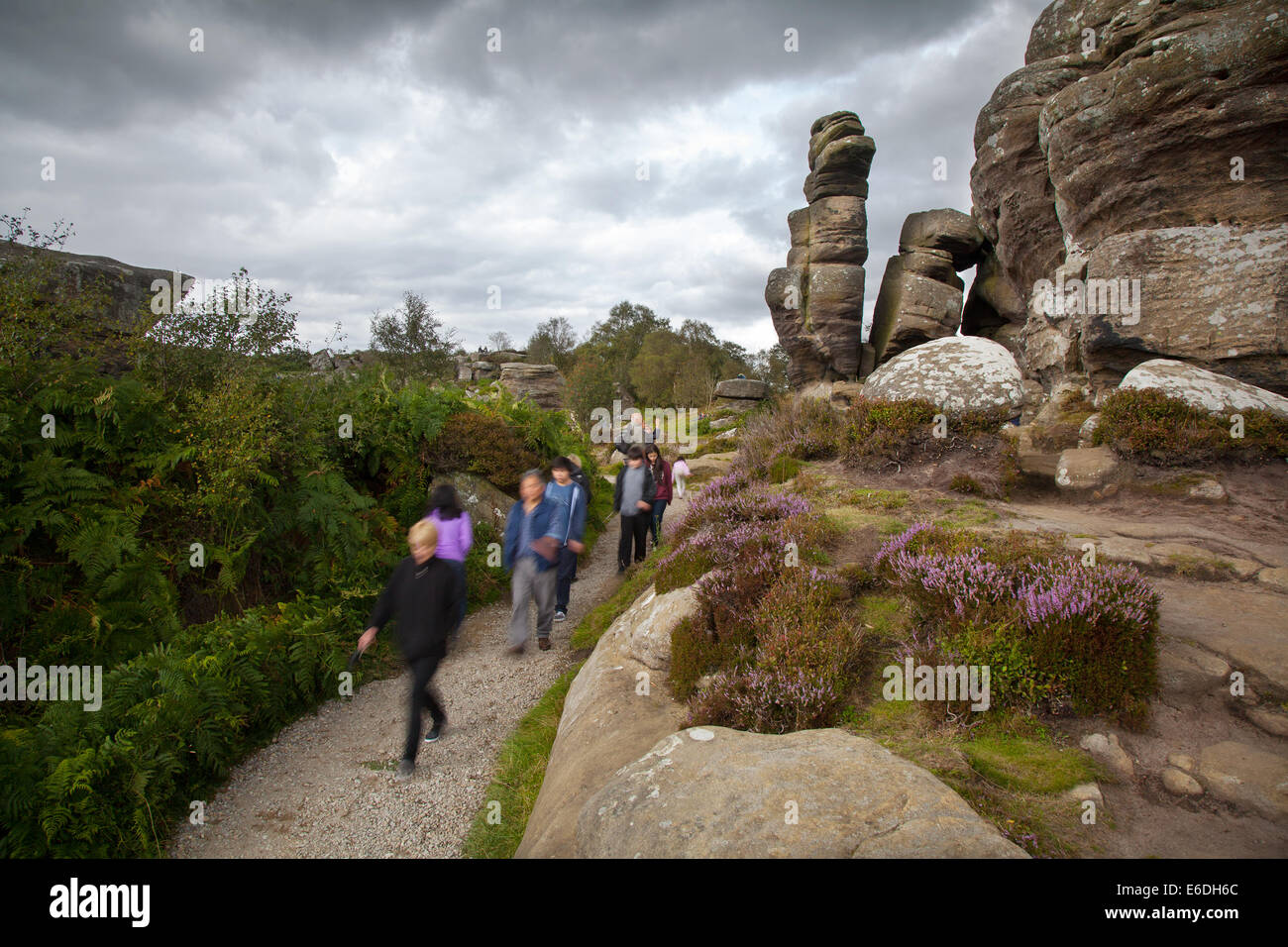 People at Brimham Rocks; Brimham Crags a collection of balancing natural rock formations sculpted over centuries by ice, wind and rain in the North Yorkshire Dales. holidaying active kids and visiting tourists at the National Trust Site making a great day out for families and climbers enjoying  a peculiar set of rock formations composed of millstone grit shaped by wind and weather Stock Photo