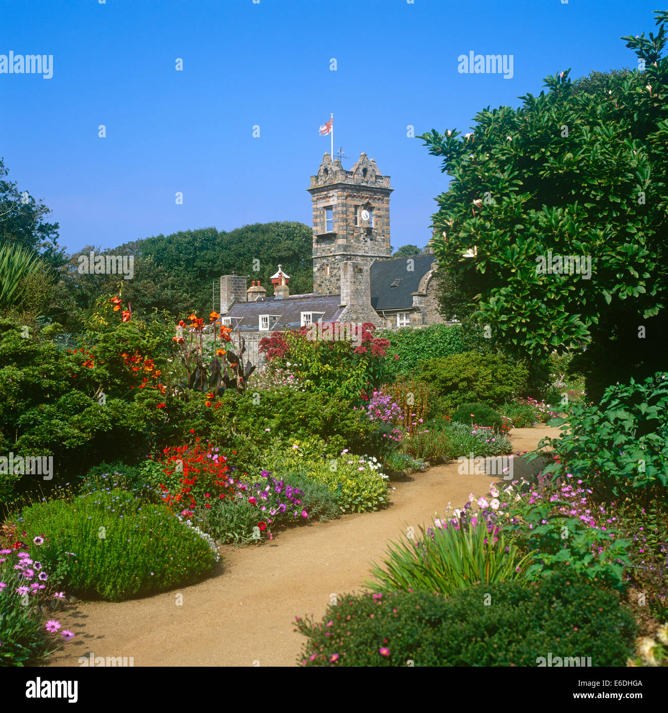 La Seigneurie Gardens with colourful flowers Stock Photo