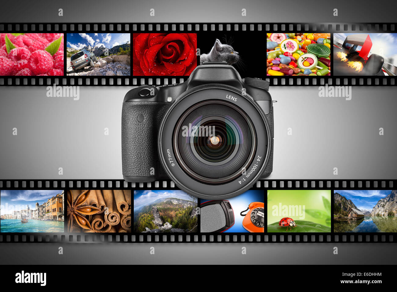 dslr camera with film strips Stock Photo