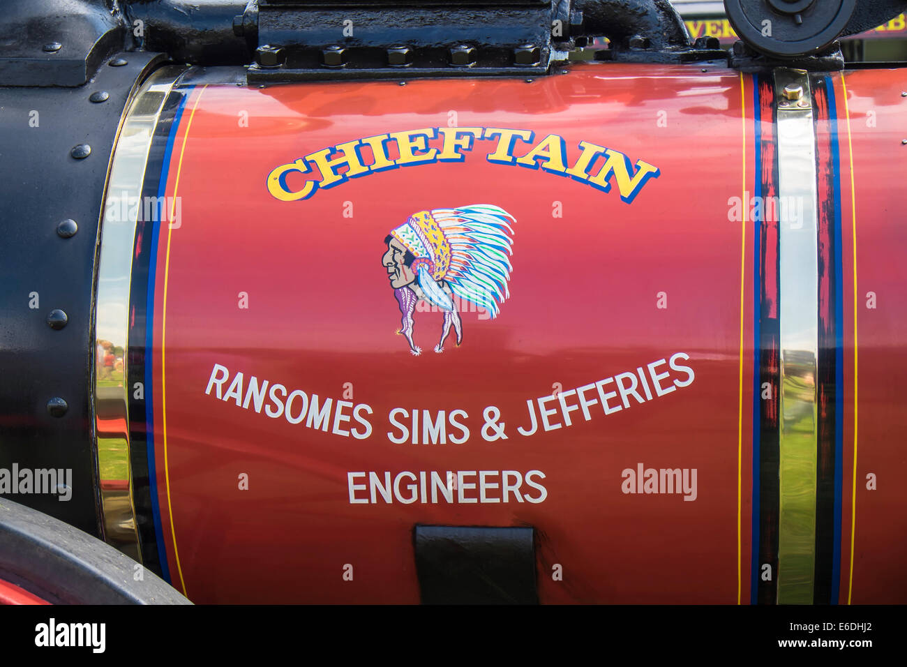 artwork on Traction engine 'Chieftain' boiler casing at Cambridgeshire Steam Rally and Country Fair England Stock Photo