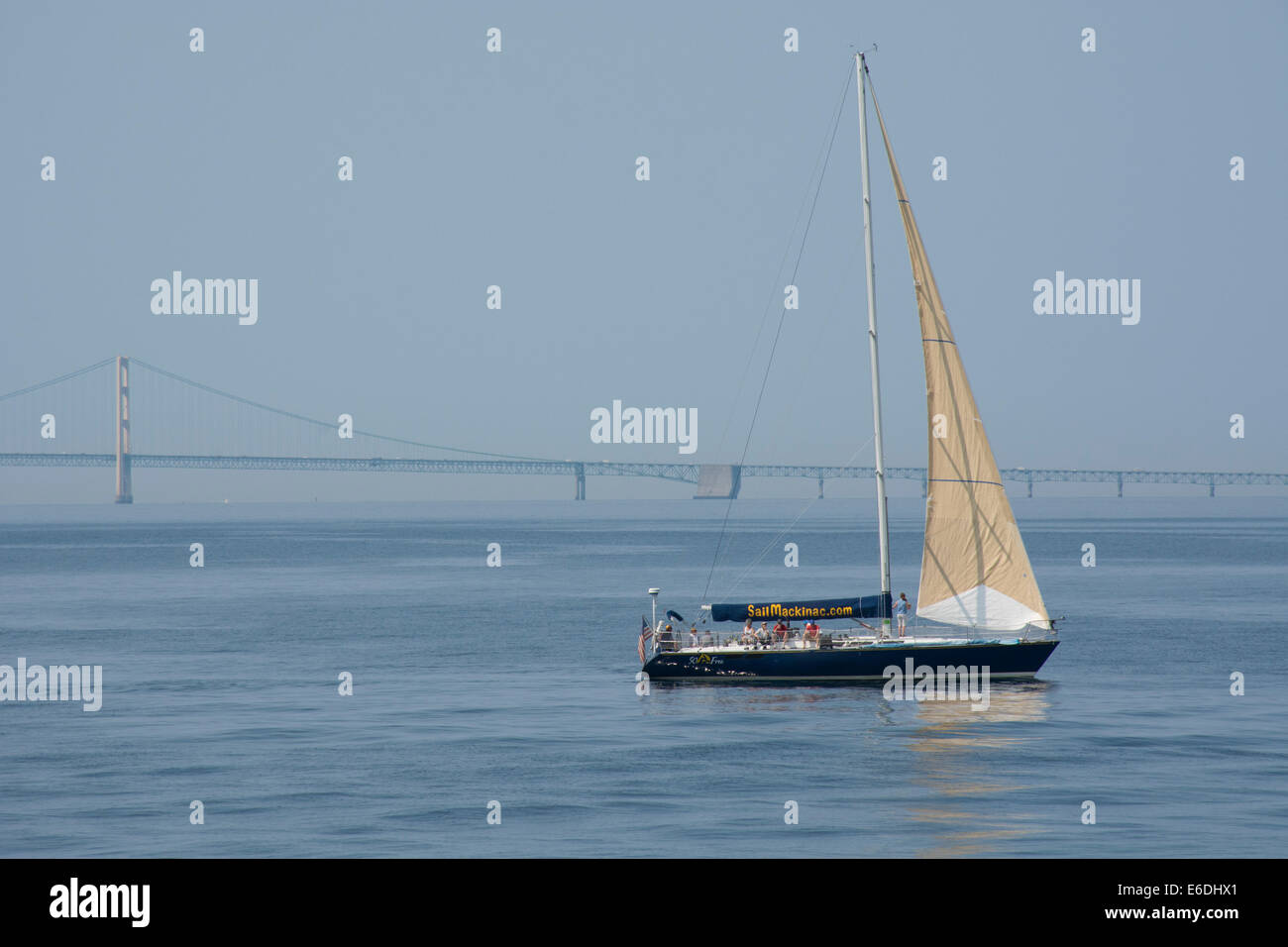 Michigan, Mackinac Island. Sailboat on Lake Michigan with Mackinac