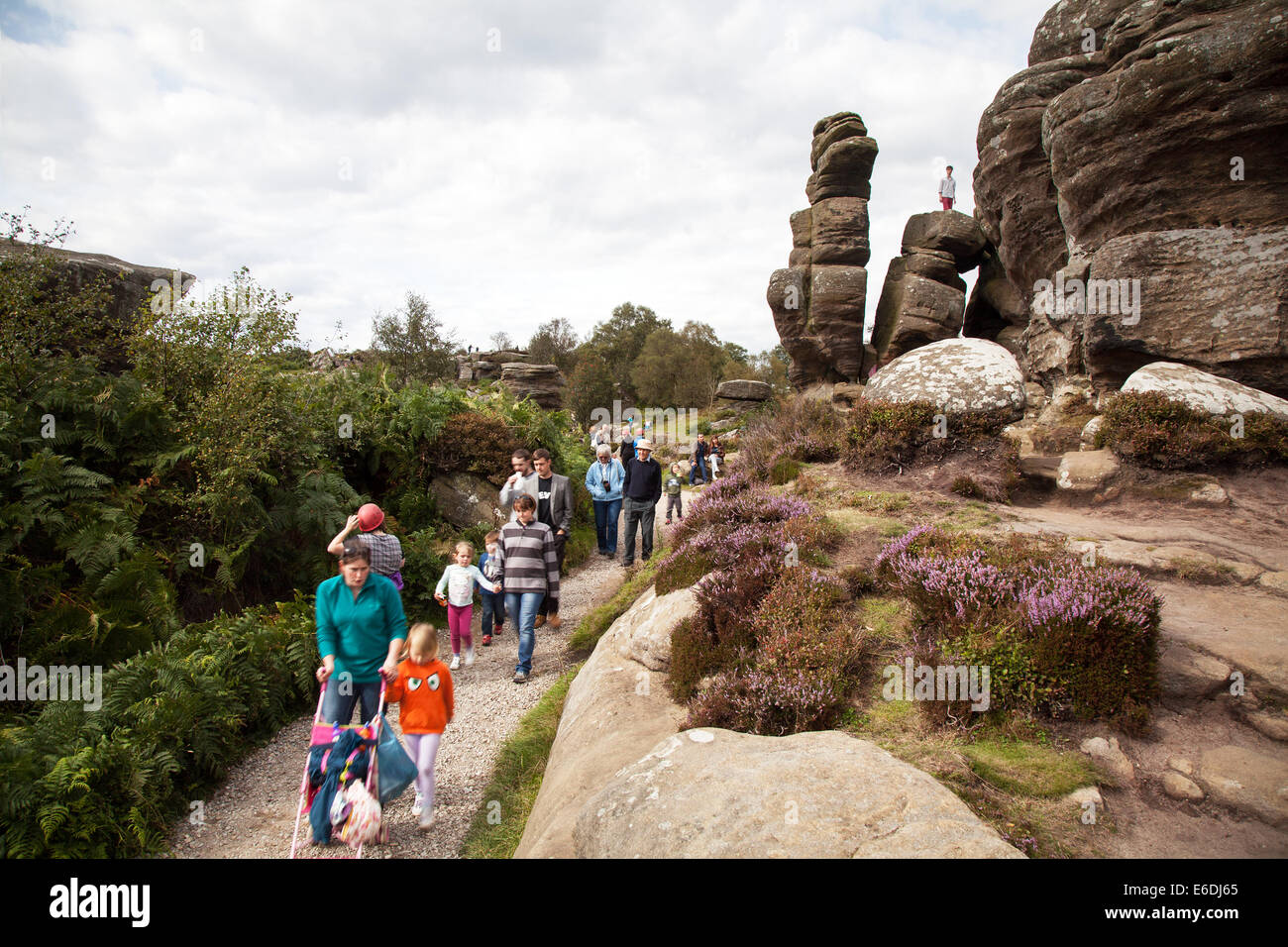 People at Brimham Rocks; Brimham Crags a collection of balancing natural rock formations sculpted over centuries by ice, wind and rain in the North Yorkshire Dales. holidaying active kids and visiting tourists at the National Trust Site making a great day out for families and climbers enjoying  a peculiar set of rock formations composed of millstone grit shaped by wind and weather Stock Photo