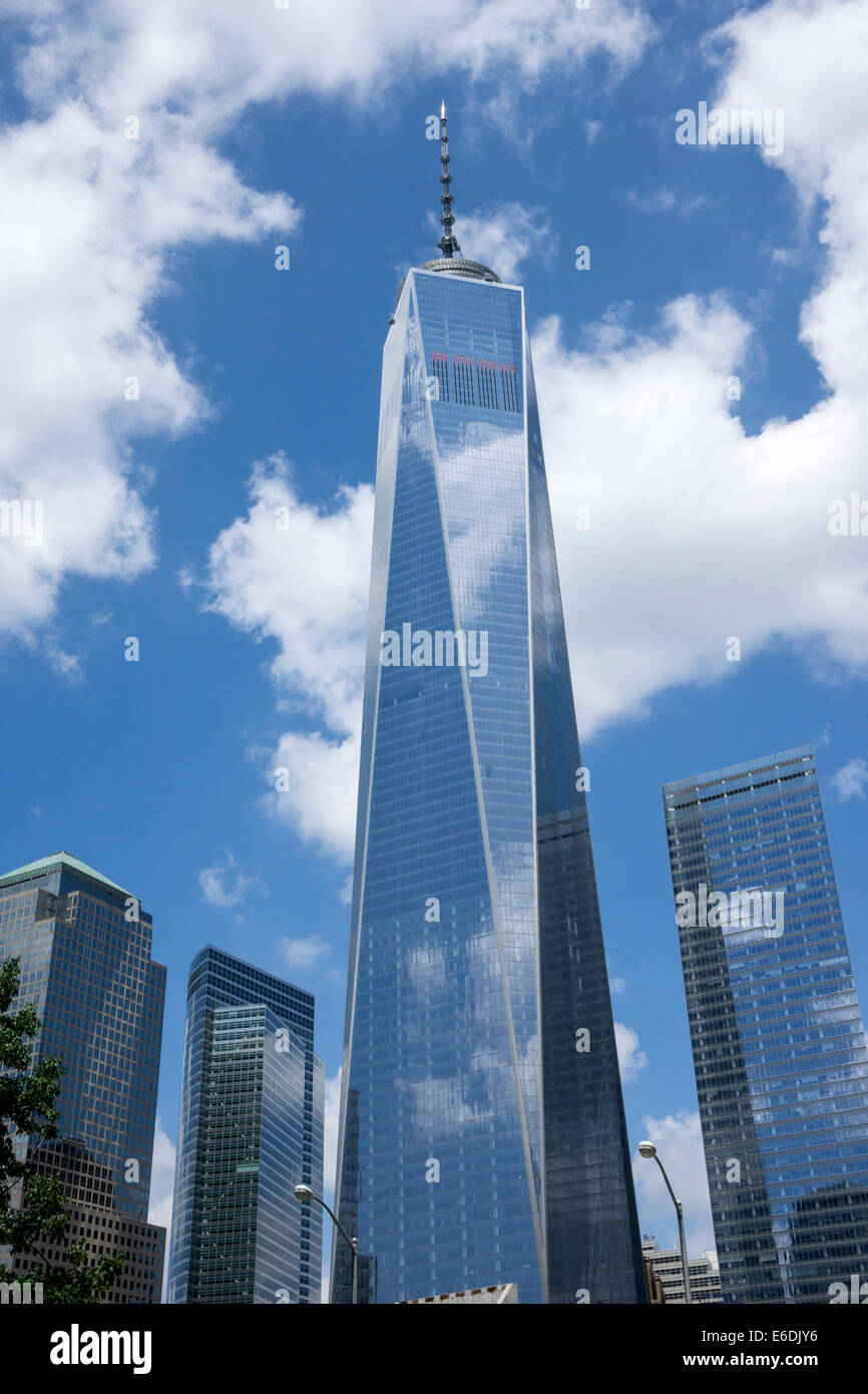 Freedom Tower, One World Trade Center, New York, NY, skyscraper in NY financial district, lower Manhattan, under sunny blue sky. Stock Photo
