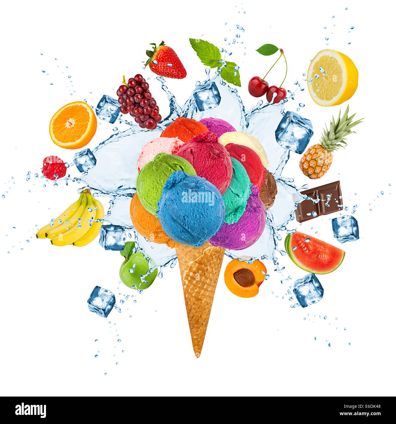 ice cream concept with ice cubes and fruits Stock Photo