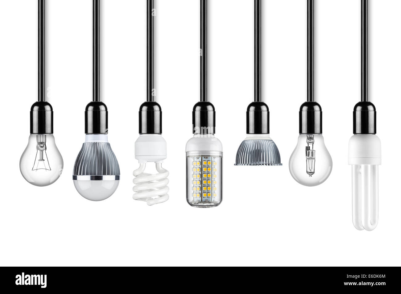 row of different types of light bulbs Stock Photo