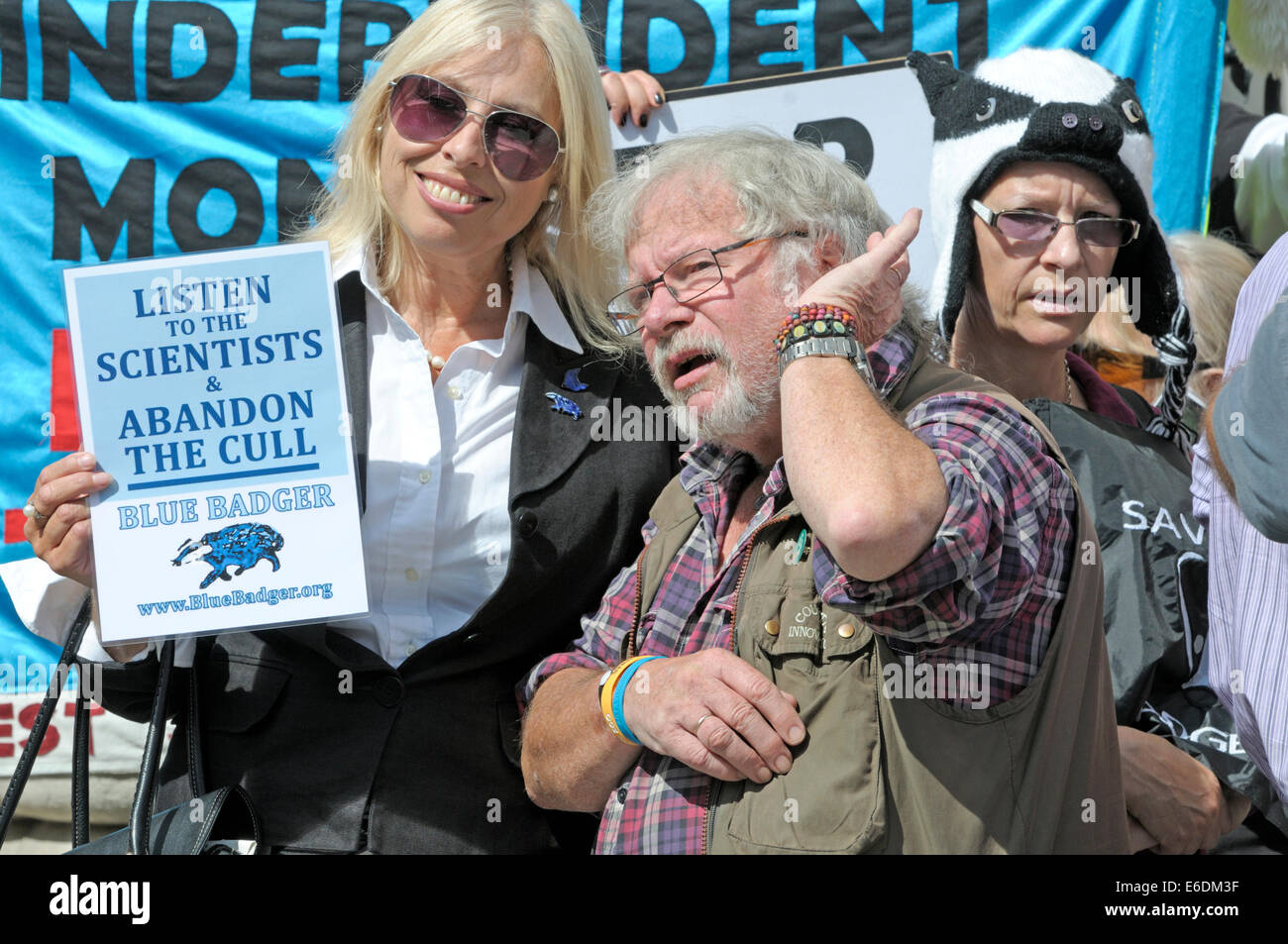 London, UK. 21st August, 2014. Lorraine Platt MP (conservative) and Bill Oddie protesters outside the High Court in London as the Badger Trust seek a Judicial Review challenge against the DEFRA Secretary of State Liz Truss and Natural England on the Government's highly controversial badger cull policy. Stock Photo