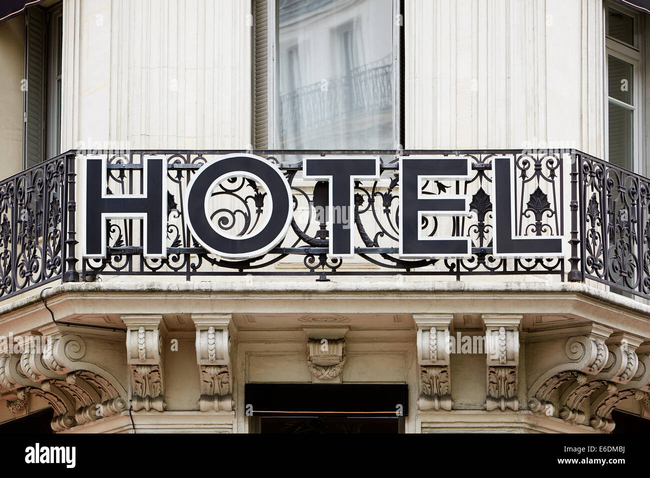 Hotel sign on balcony in Europe Stock Photo