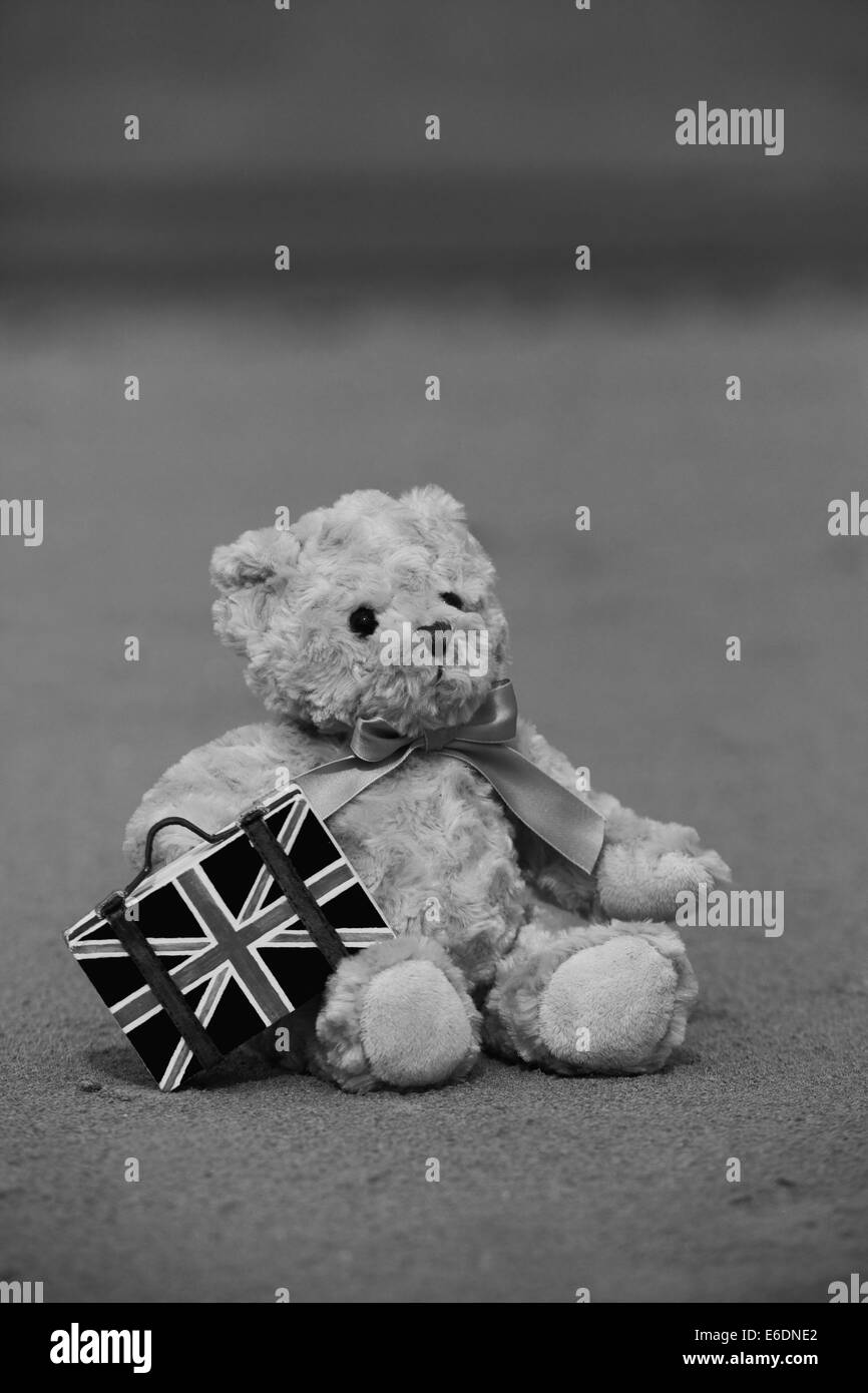 Teddy Bear on the Beach Black and White Stock Photo
