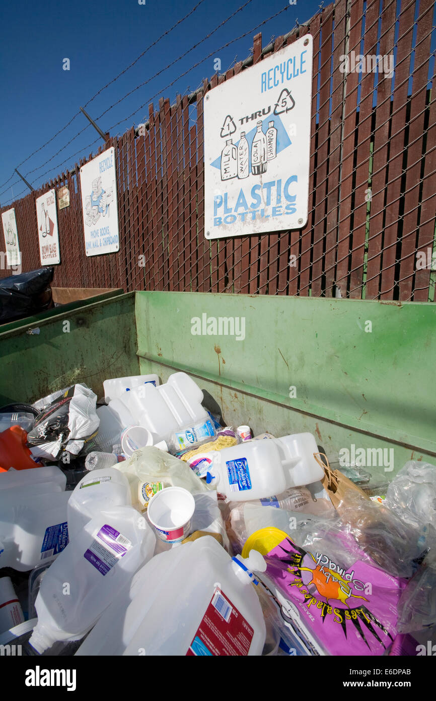 Recycling bin for plastic bottles at Santa Monica Recycling Center, Los