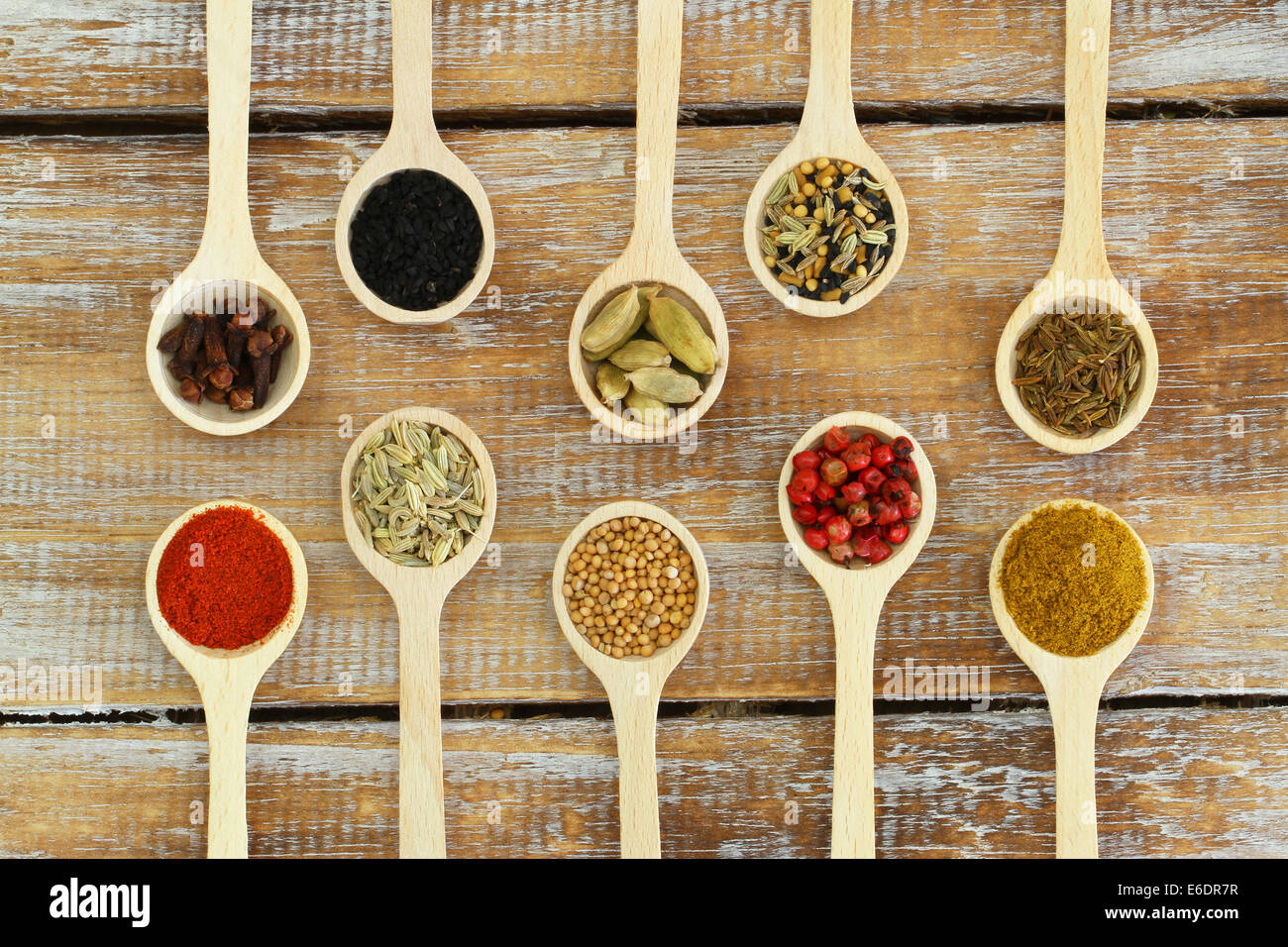 Selection of Indian spices on wooden spoons Stock Photo