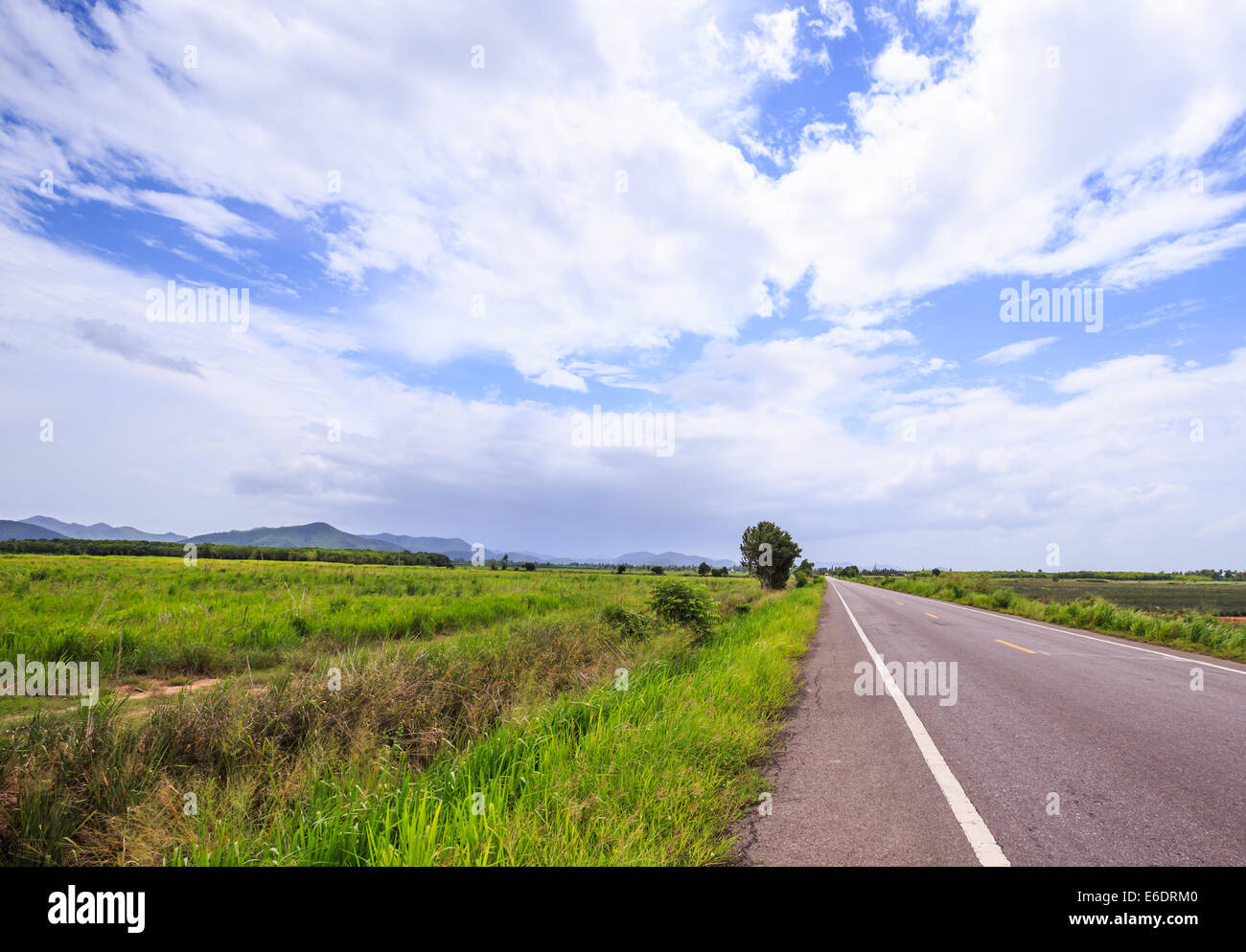 A long local road in a rural area with white cloud and blue sky. The road is surrouded by green fields. Stock Photo